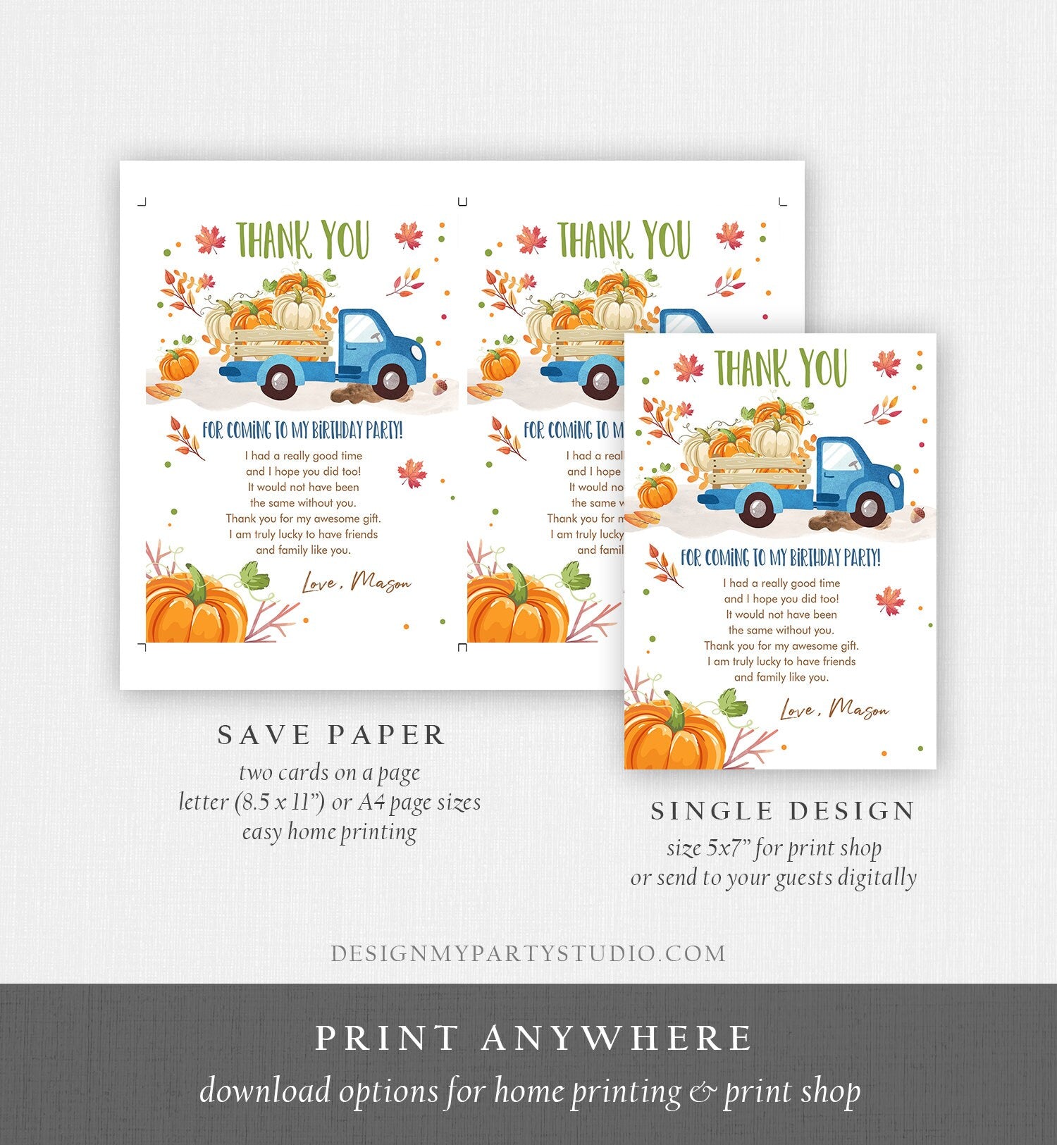 Editable Pumpkin Birthday Thank You Card Fall Pumpkin Truck Blue Boy Birthday Party Blue Green Orange Download Printable Template Corjl 0153