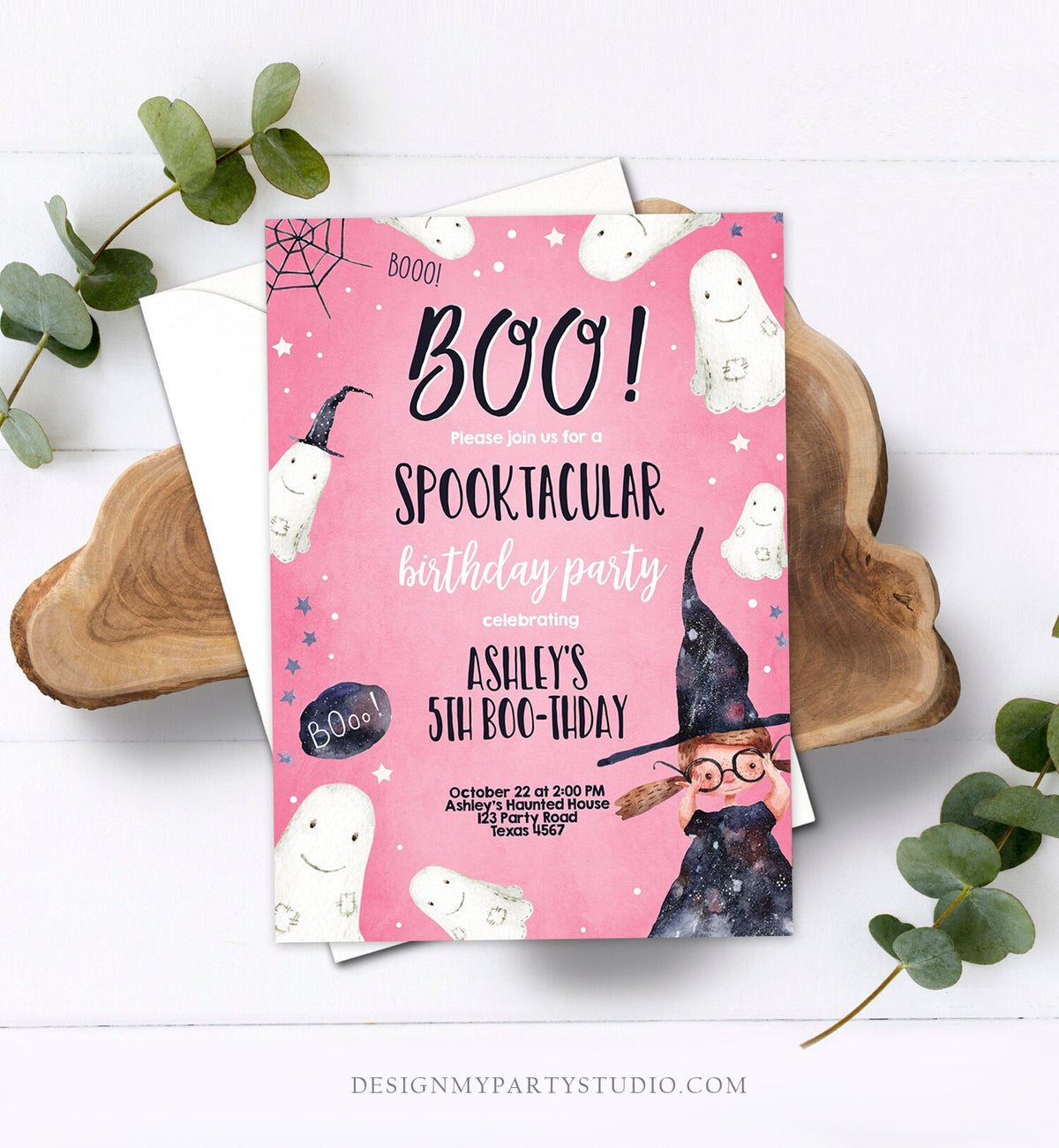 Editable Halloween Birthday Invitation Ghost Costume Party Girl Pink Kids Spooktacular Witch Party Download Printable Template Corjl 0260