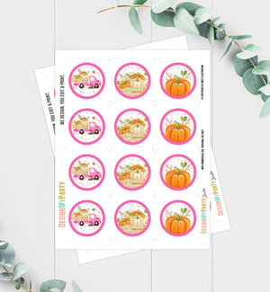 Pumpkin Birthday Cupcake Toppers Favor Tags Pink Pumpkin Truck Birthday Party Decor Stickers Fall Girls Download Digital PRINTABLE 0153