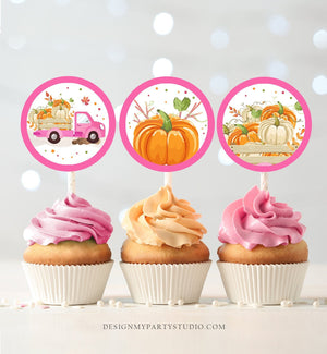 Pumpkin Birthday Cupcake Toppers Favor Tags Pink Pumpkin Truck Birthday Party Decor Stickers Fall Girls Download Digital PRINTABLE 0153