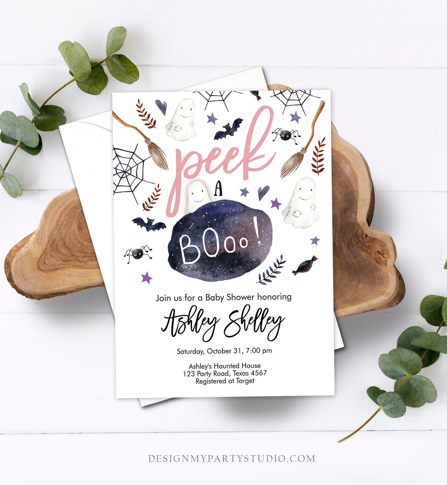 Editable Peek A Boo Baby Shower Invitation Cute Halloween Baby Shower Couples Shower Invite Blush Pink Girl Printable Template Corjl 0199