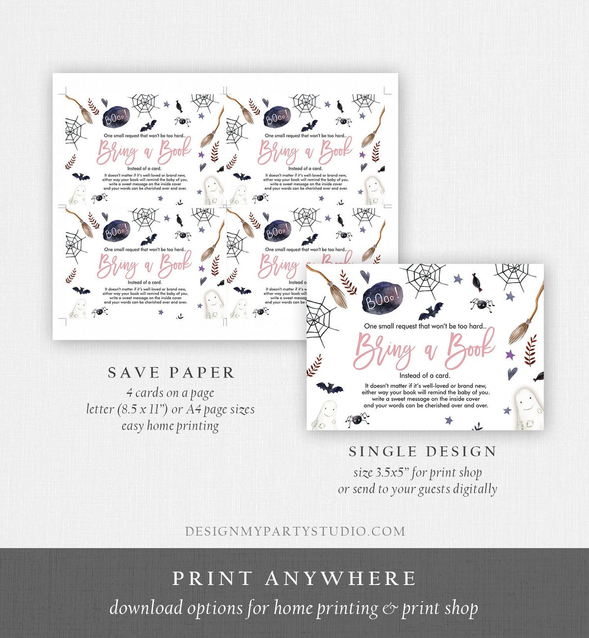 Editable Bring a Book Card Baby Shower Peek a Boo Girl Halloween Book Insert Book Request Insert Card Details Corjl Template Printable 0199