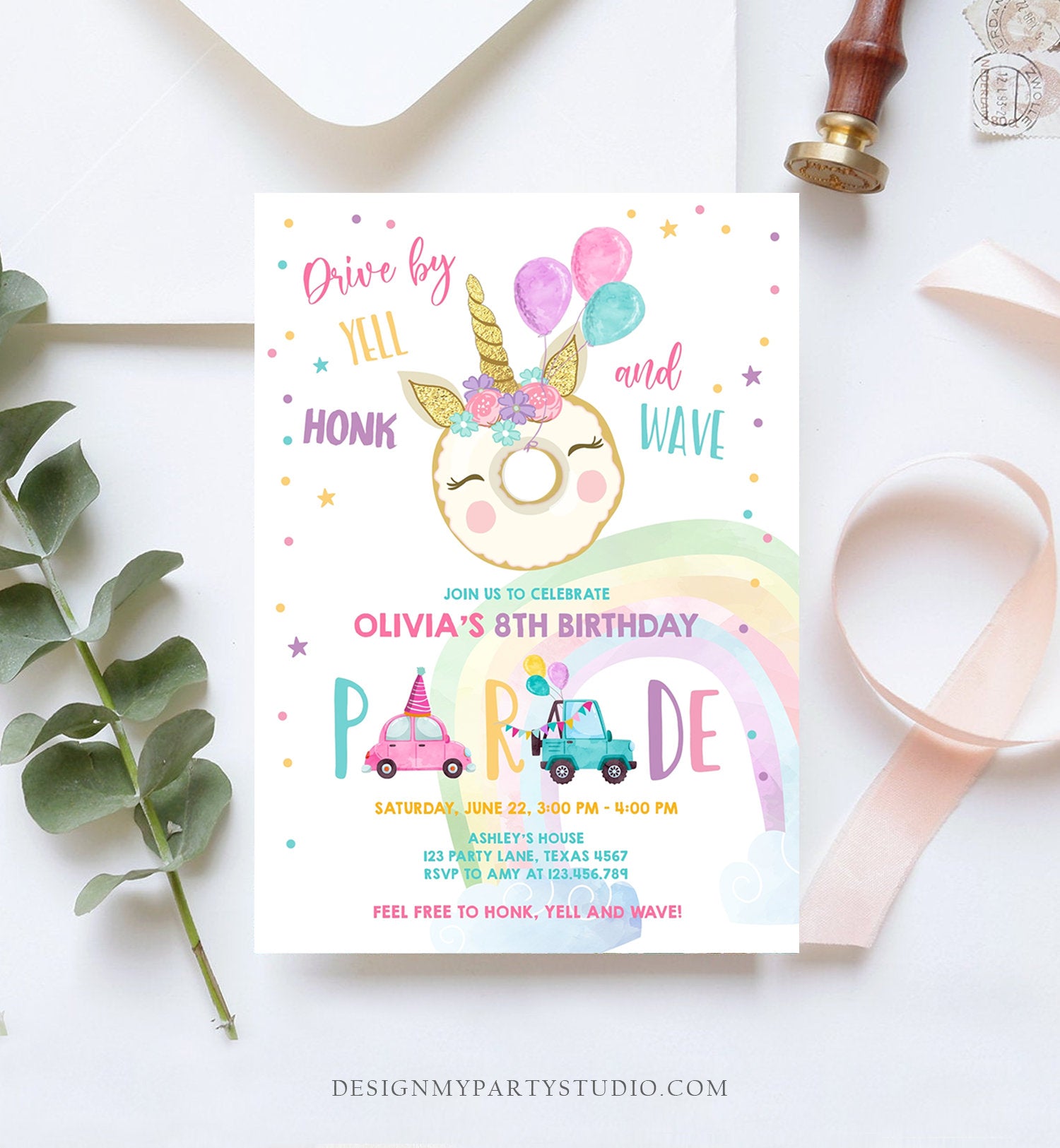 Editable Drive By Donut Birthday Parade Invitation Balloons Rainbow Party Honk Wave Car Girl Pink Drive Through Download Corjl Template 0343