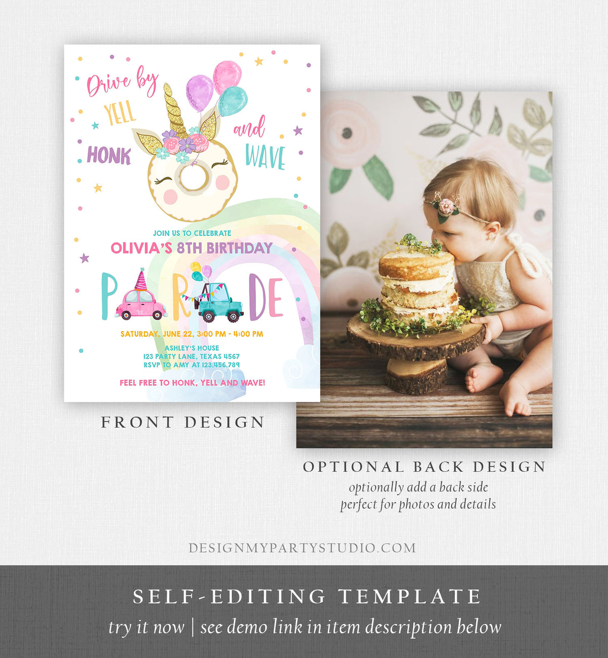 Editable Drive By Donut Birthday Parade Invitation Balloons Rainbow Party Honk Wave Car Girl Pink Drive Through Download Corjl Template 0343
