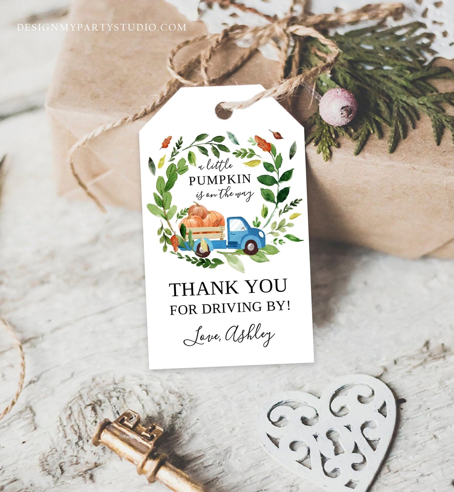 Editable Pumpkin Truck Favor Tag Drive By Birthday Favors Party Parade Fall Thank You Gift Tags Boy Blue Corjl Template Printable 0154