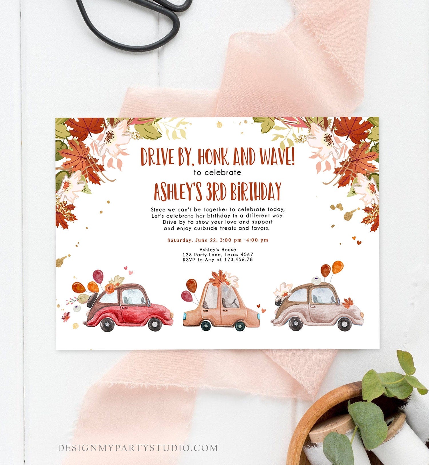 Editable Drive By Birthday Parade Invitation Fall Virtual Party Invite Honk Wave Car Girl Autumn Quarantine Drive Through Digital Corjl 0335
