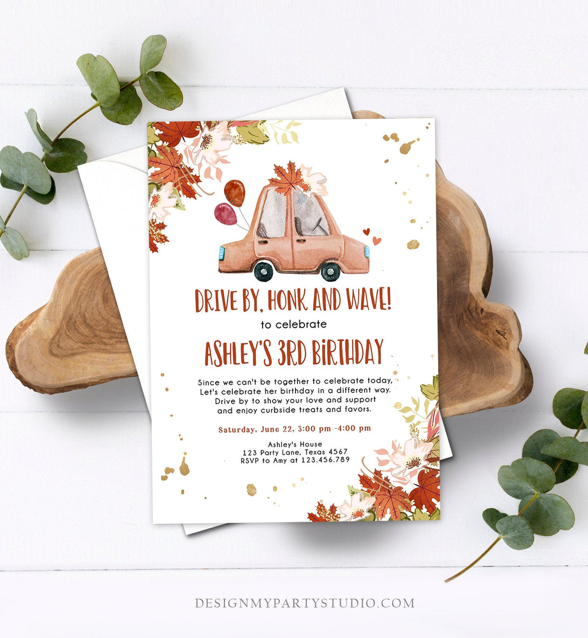 Editable Drive By Birthday Parade Invitation Fall Virtual Party Invite Honk Wave Car Girl Autumn Quarantine Drive Through Digital Corjl 0335