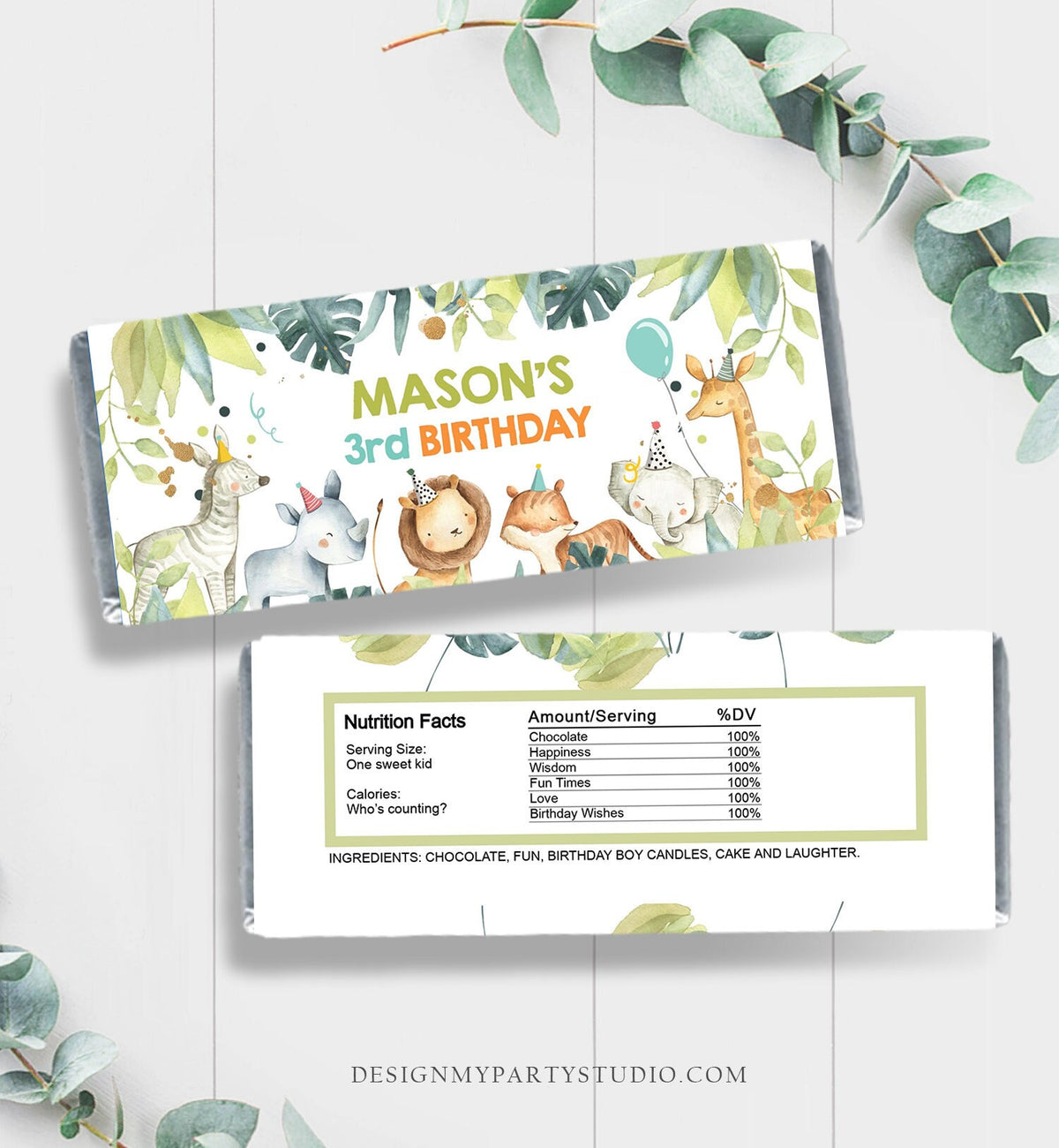Editable Candy Bar Wrapper Party Animals Birthday Candy Bar Wrapper 1st Birthday Favors Jungle Safari Animals Template PRINTABLE Corjl 0163