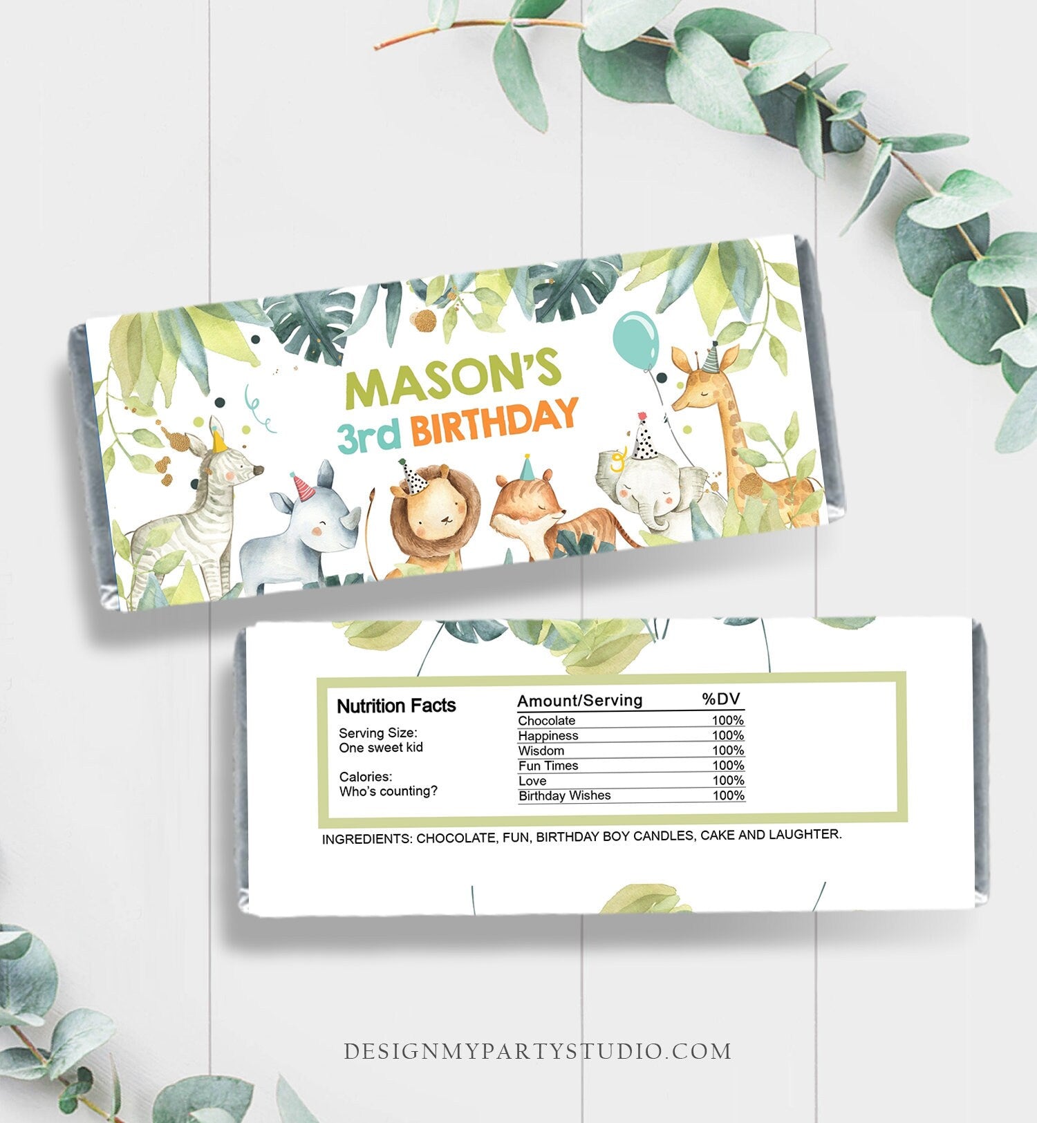 Editable Candy Bar Wrapper Party Animals Birthday Candy Bar Wrapper 1st Birthday Favors Jungle Safari Animals Template PRINTABLE Corjl 0163