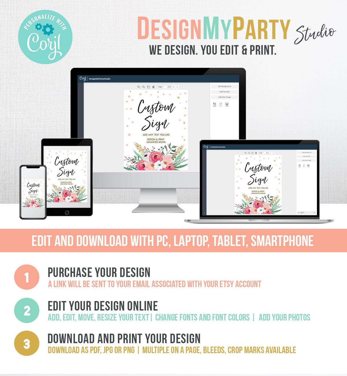 Editable Custom Sign Floral Bridal Shower Flowers Gold Pink Wedding Table Sign Decor Baby Shower 8x10 Download PRINTABLE Corjl 0318 0030