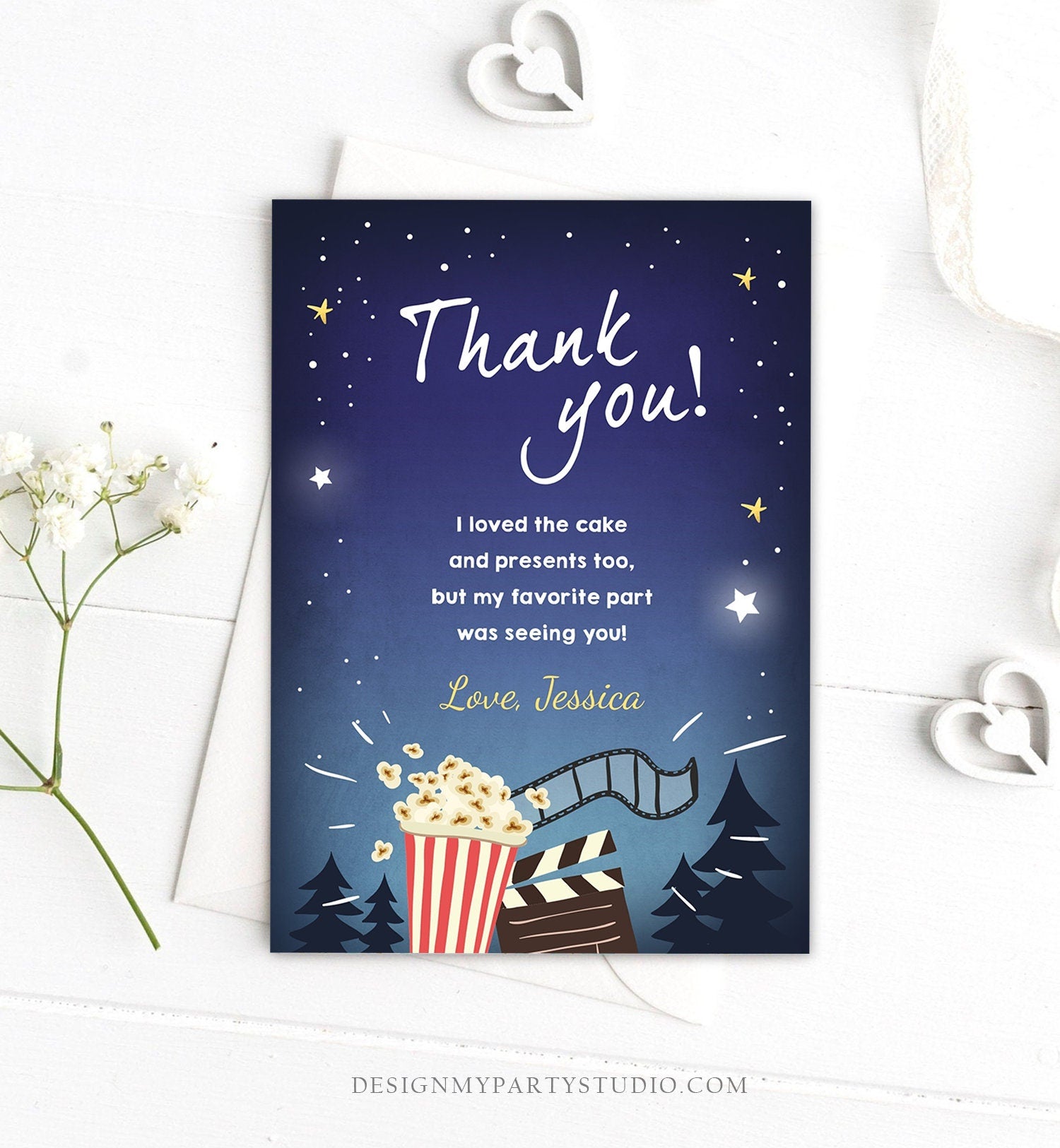 Editable Movie Night Thank You Card Birthday Outdoor Backyard Thank You Note Under the Stars Popcorn Party Corjl Template Printable 0177