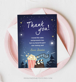 Editable Movie Night Thank You Card Birthday Outdoor Backyard Thank You Note Under the Stars Popcorn Party Corjl Template Printable 0177