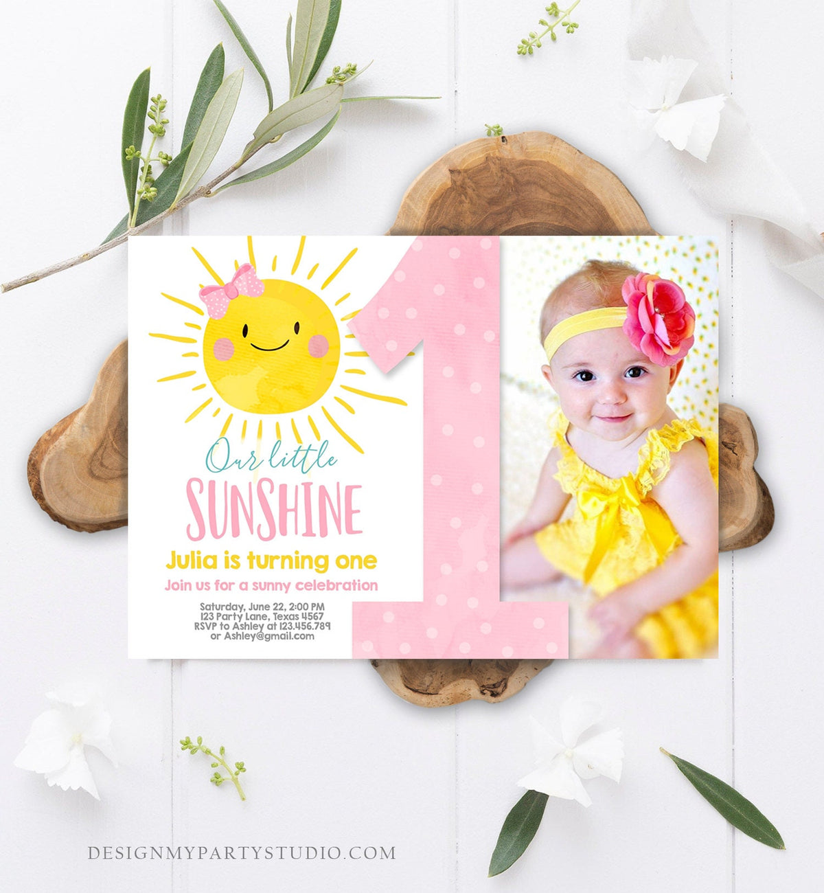 Editable Our Little Sunshine Birthday Invitation You Are My Sunshine Blush Pink Girl Summer First Birthday Download Corjl Template 0141