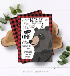 Editable Lumberjack Birthday Invitation First Birthday Buffalo Plaid Outdoor Bear Little Cub Party Boy 1st Printable Corjl Template 0266