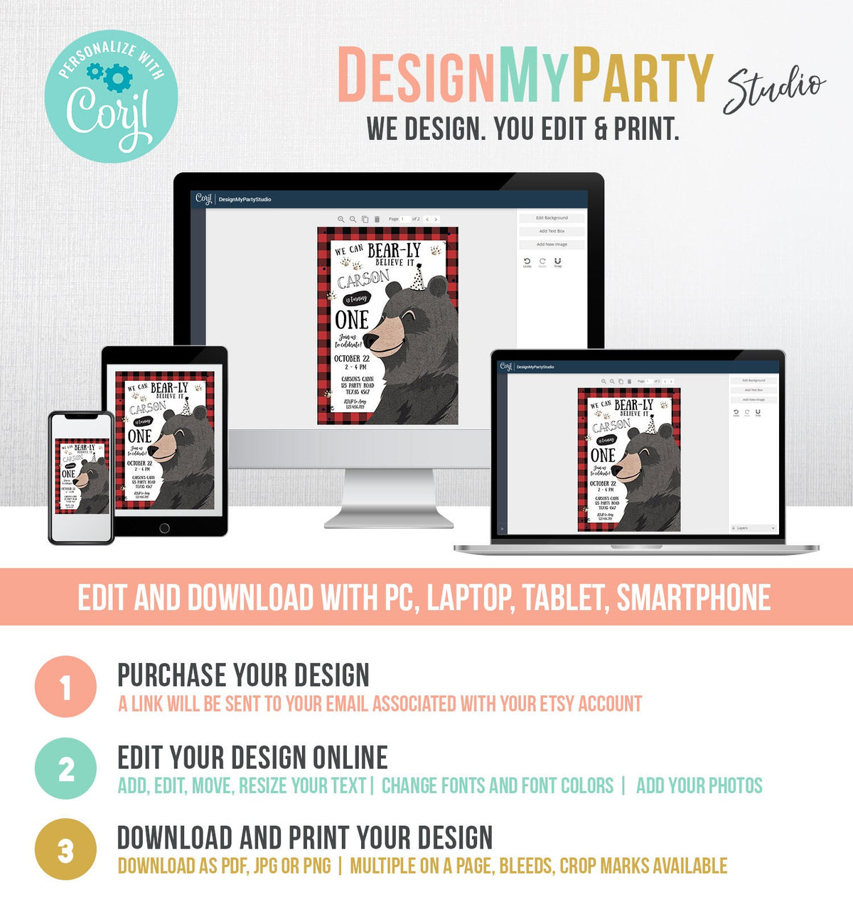 Editable Lumberjack Birthday Invitation First Birthday Buffalo Plaid Outdoor Bear Little Cub Party Boy 1st Printable Corjl Template 0266