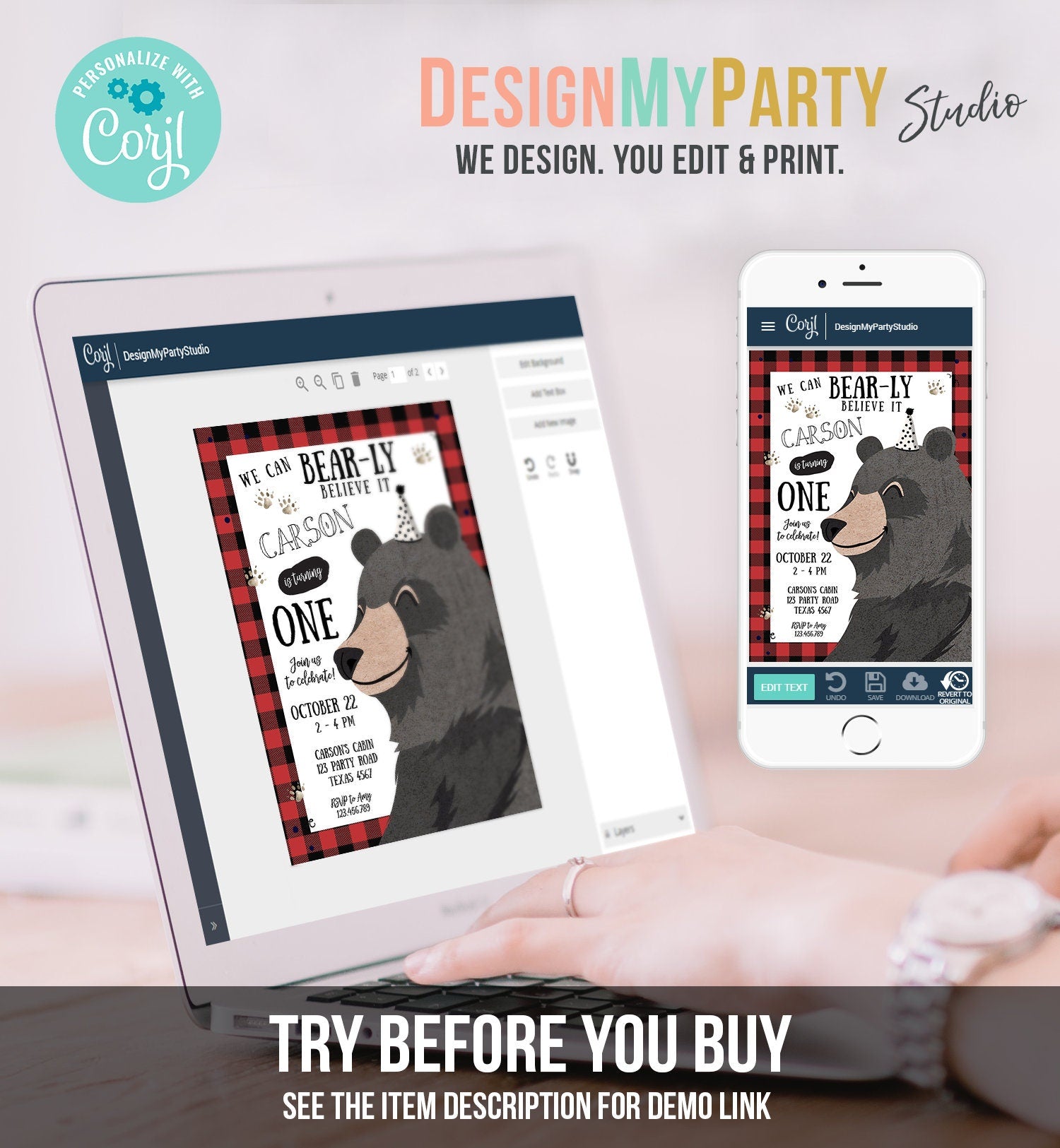 Editable Lumberjack Birthday Invitation First Birthday Buffalo Plaid Outdoor Bear Little Cub Party Boy 1st Printable Corjl Template 0266