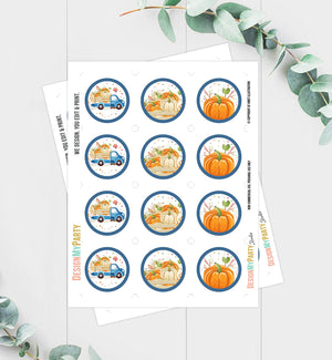 Pumpkin Birthday Cupcake Toppers Favor Tags Blue Pumpkin Truck Birthday Party Decor Stickers Fall Boy Download Digital PRINTABLE 0153