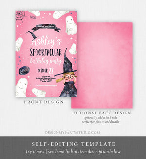 Editable Halloween Birthday Invitation Costume Party Blond Girl Pink Spooktacular Witch Hat Party Download Printable Template Corjl 0260