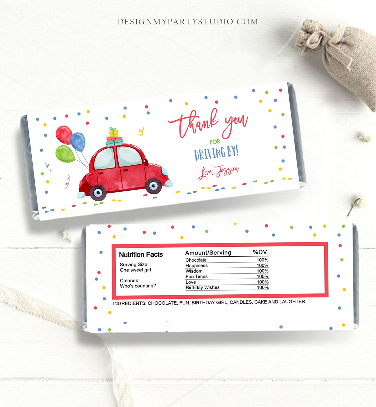 Editable Candy Bar Wrapper Drive By Birthday Candy Bar Wrapper Drive By Favors Party Parade Girl Boy Red Car Thank You PRINTABLE Corjl 0333