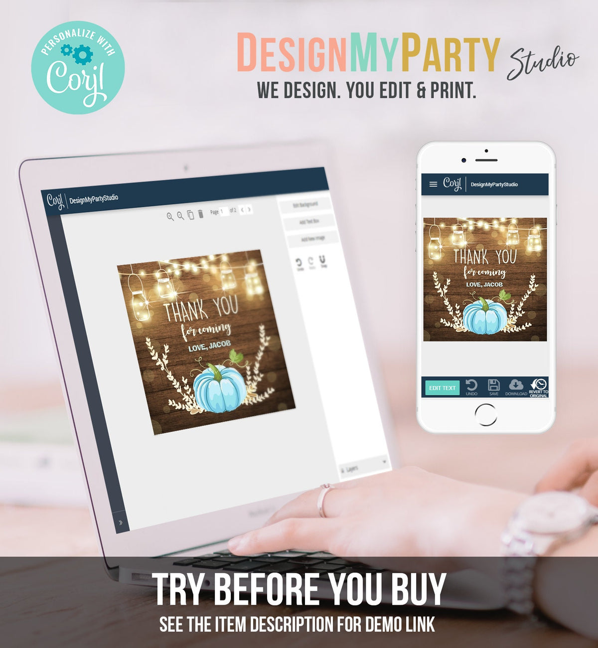 Editable Little Pumpkin Favor Tags Thank You Tag Birthday Baby Shower Fall Sticker Blue Pumpkin Decor Boy Corjl Template Printable 0015