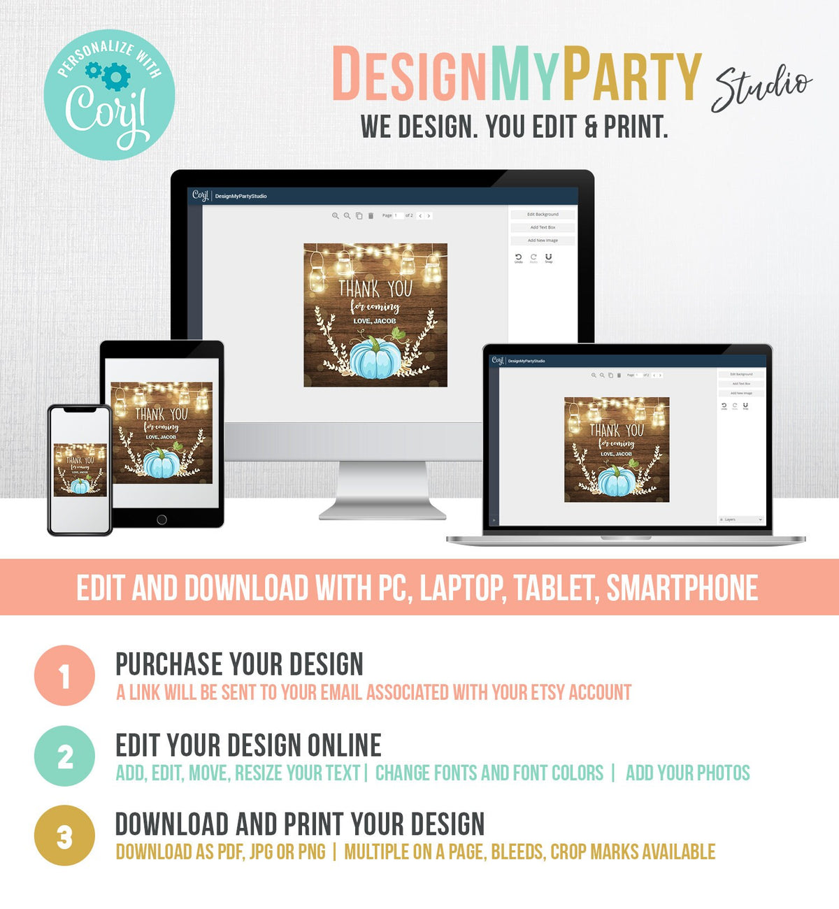 Editable Little Pumpkin Favor Tags Thank You Tag Birthday Baby Shower Fall Sticker Blue Pumpkin Decor Boy Corjl Template Printable 0015