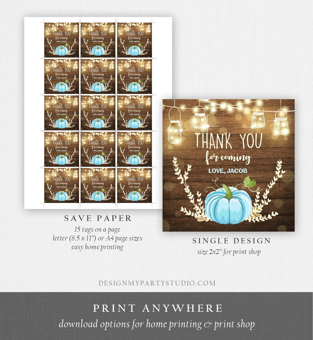 Editable Little Pumpkin Favor Tags Thank You Tag Birthday Baby Shower Fall Sticker Blue Pumpkin Decor Boy Corjl Template Printable 0015