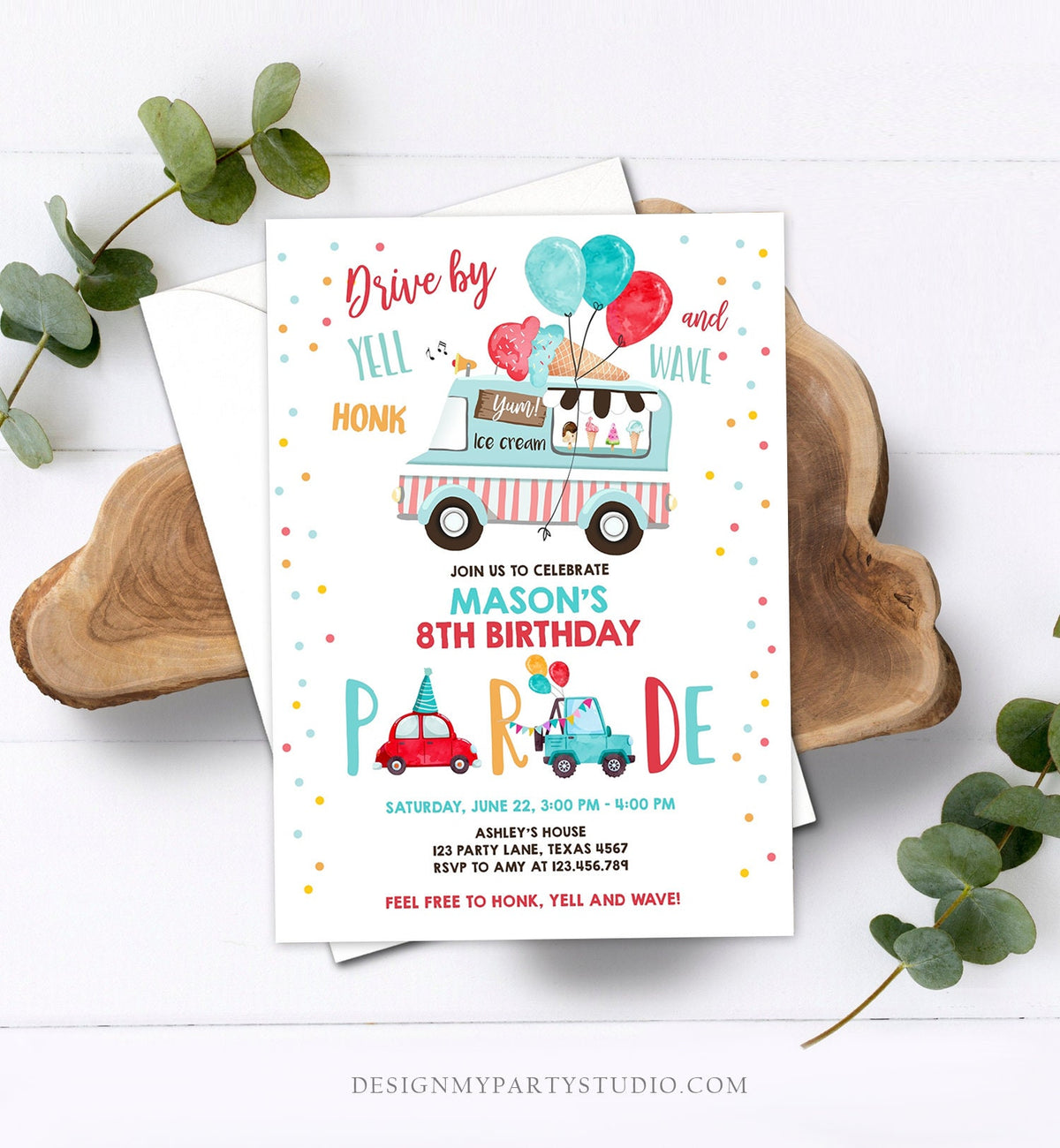 Editable Ice Cream Truck Drive By Birthday Parade Invitation Virtual Party Invite Honk Wave Car Boy Quarantine Download Digital Corjl 0243