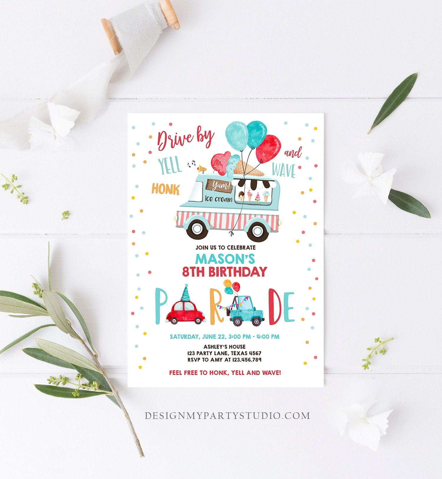 Editable Ice Cream Truck Drive By Birthday Parade Invitation Virtual Party Invite Honk Wave Car Boy Quarantine Download Digital Corjl 0243