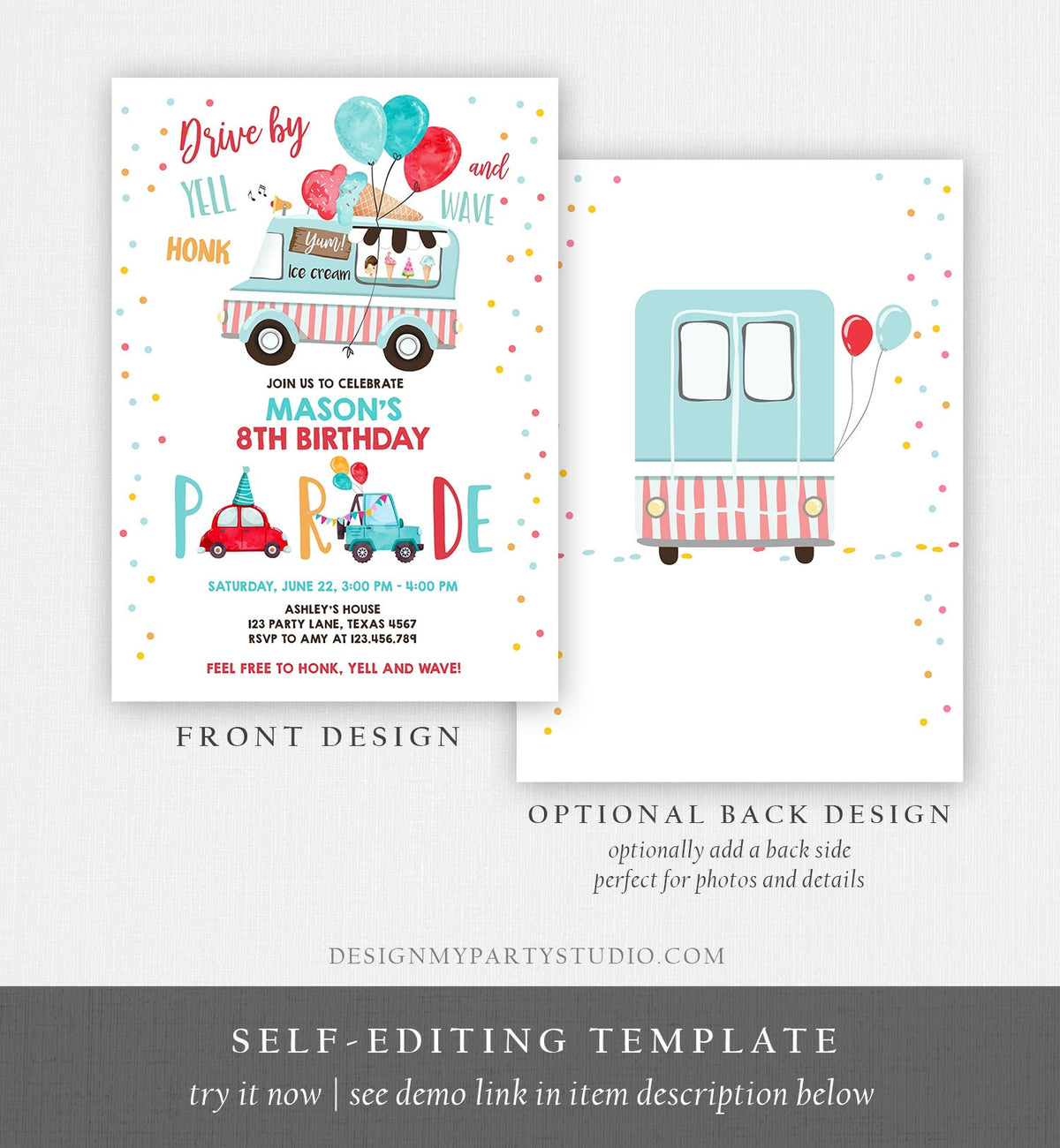 Editable Ice Cream Truck Drive By Birthday Parade Invitation Virtual Party Invite Honk Wave Car Boy Quarantine Download Digital Corjl 0243