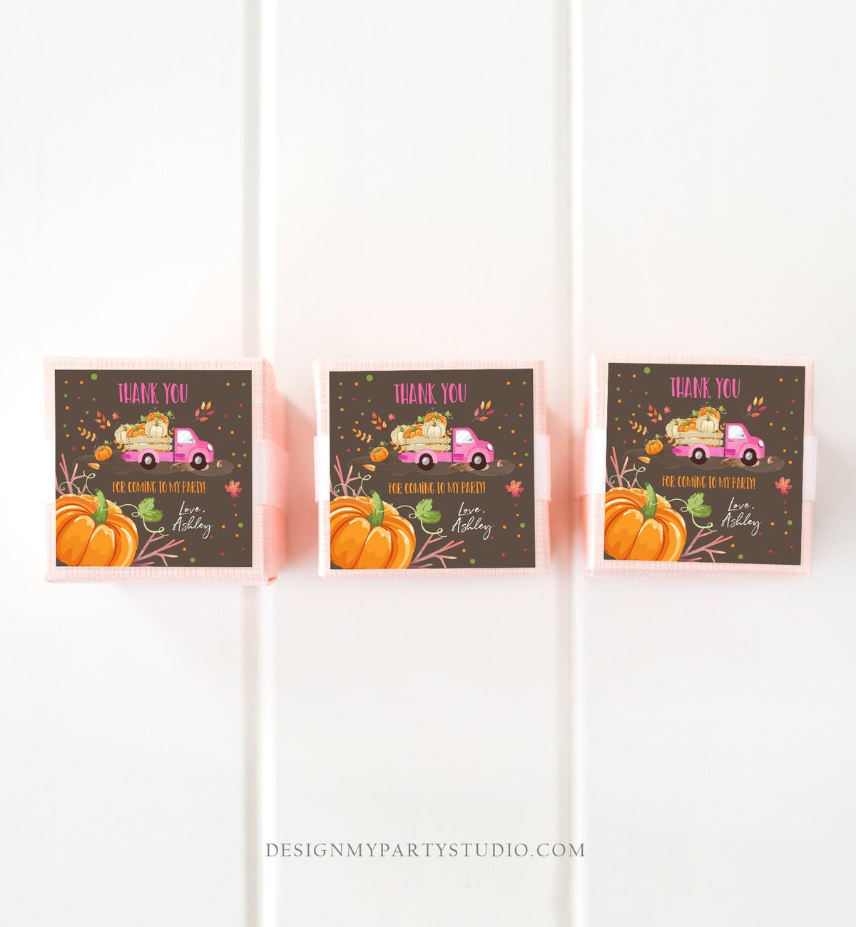 Editable Pumpkin Thank you Tags Pumpkin Truck Stickers Pumpkin Birthday Fall Autumn Pink Pumpkin Truck Girl Favor Tags Template Corjl 0153
