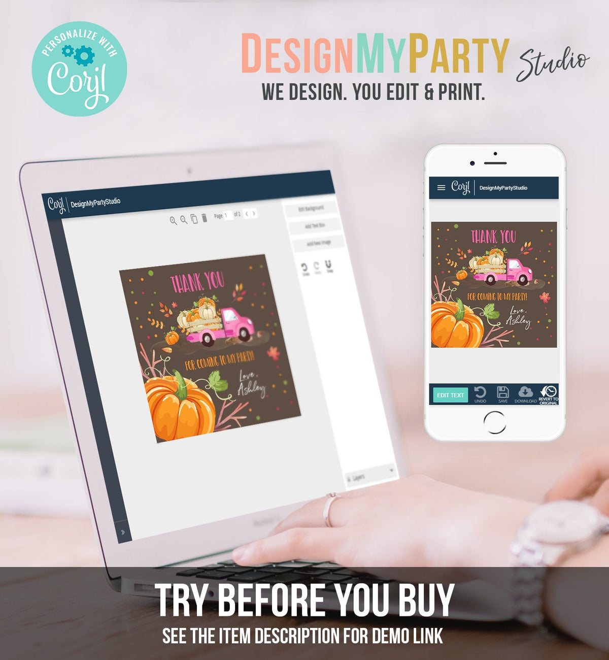 Editable Pumpkin Thank you Tags Pumpkin Truck Stickers Pumpkin Birthday Fall Autumn Pink Pumpkin Truck Girl Favor Tags Template Corjl 0153