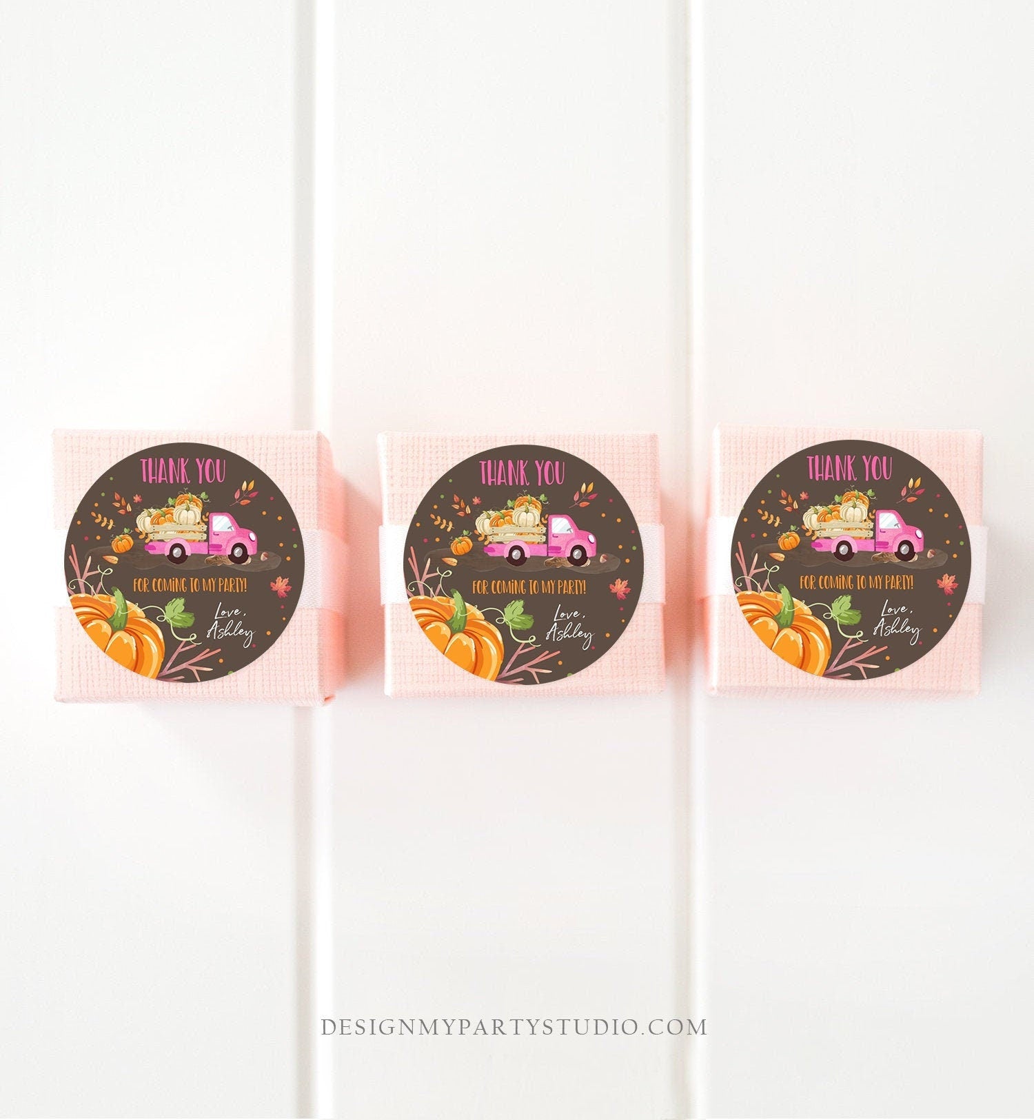 Editable Pumpkin Thank you Tags Pumpkin Truck Stickers Pumpkin Birthday Fall Autumn Pink Pumpkin Truck Girl Favor Tags Template Corjl 0153