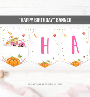 Drive by Happy Birthday Banner Girl Pink Pumpkin Truck Birthday Parade Banner Fall Pumpkin Leaves Instant download PRINTABLE DIGITAL 0153