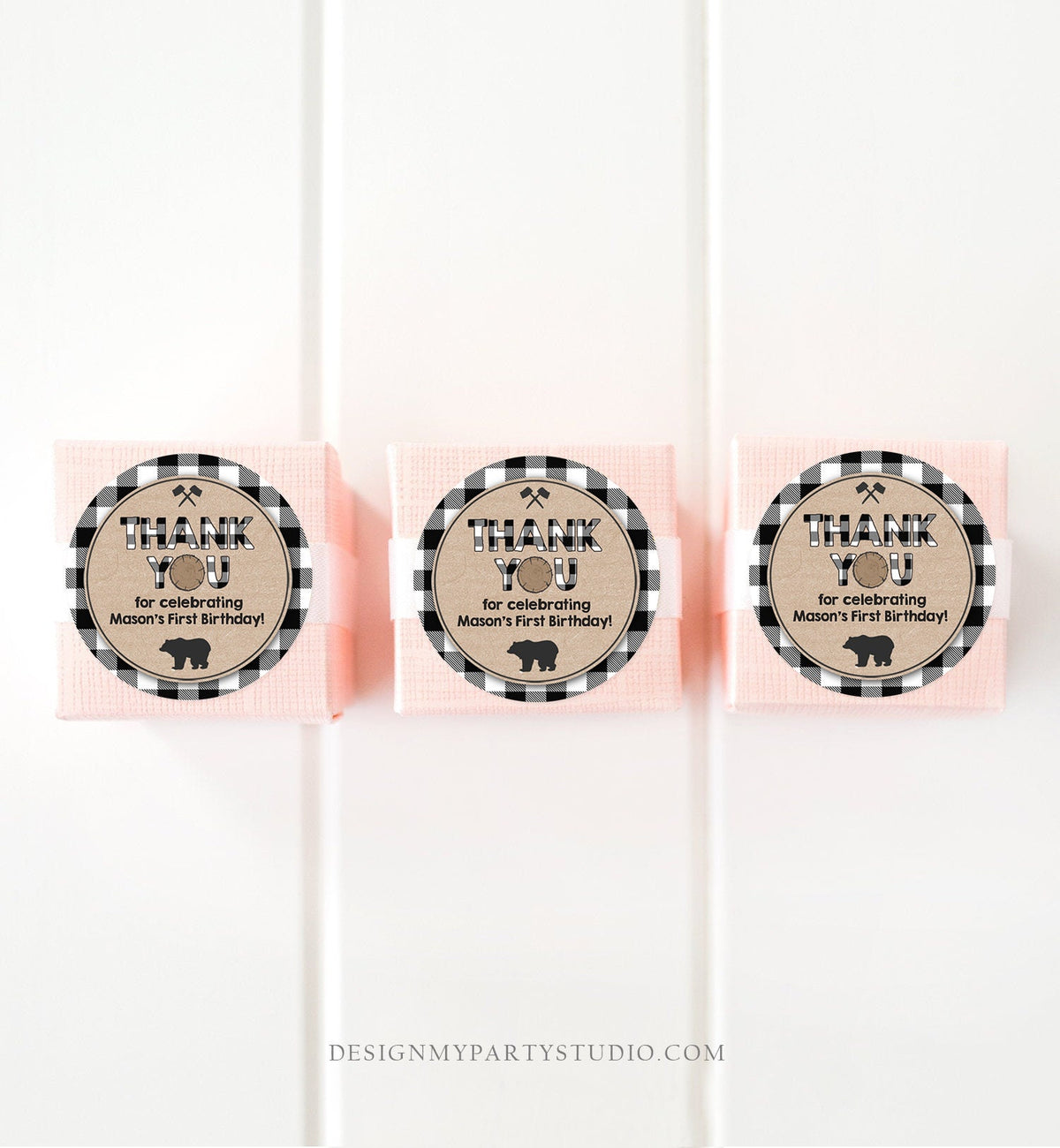 Editable Lumberjack Favor Tags Thank You Lumberjack Birthday Round Square Tag Sticker Label Buffalo Plaid Bear Corjl Template Printable 0026