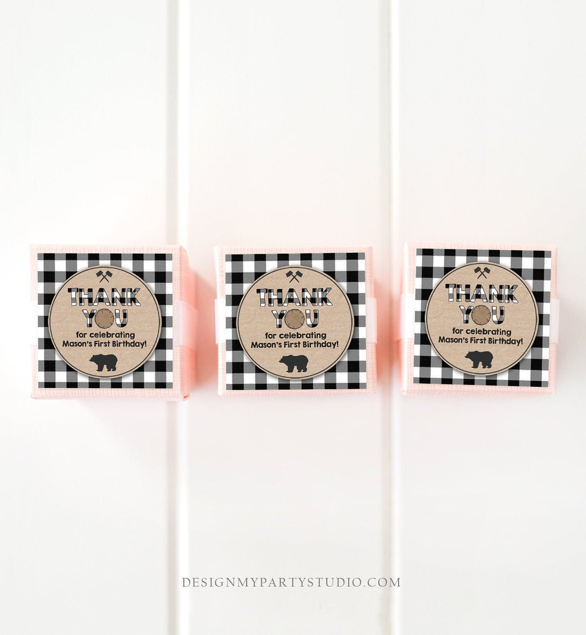 Editable Lumberjack Favor Tags Thank You Lumberjack Birthday Round Square Tag Sticker Label Buffalo Plaid Bear Corjl Template Printable 0026