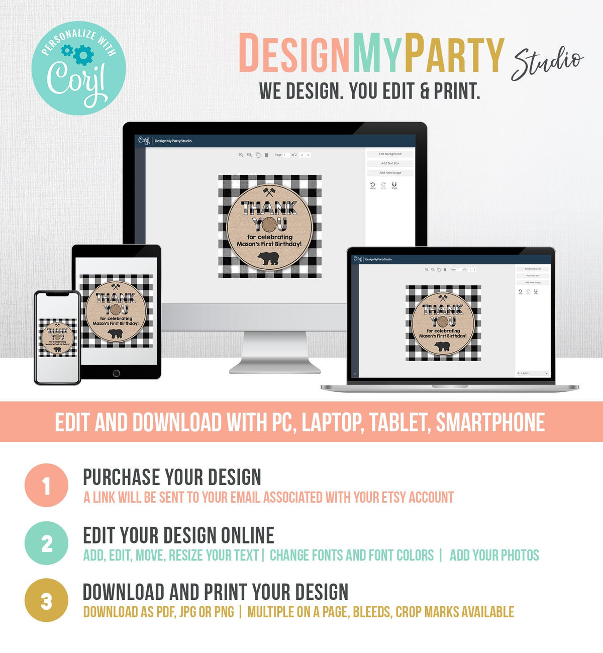 Editable Lumberjack Favor Tags Thank You Lumberjack Birthday Round Square Tag Sticker Label Buffalo Plaid Bear Corjl Template Printable 0026