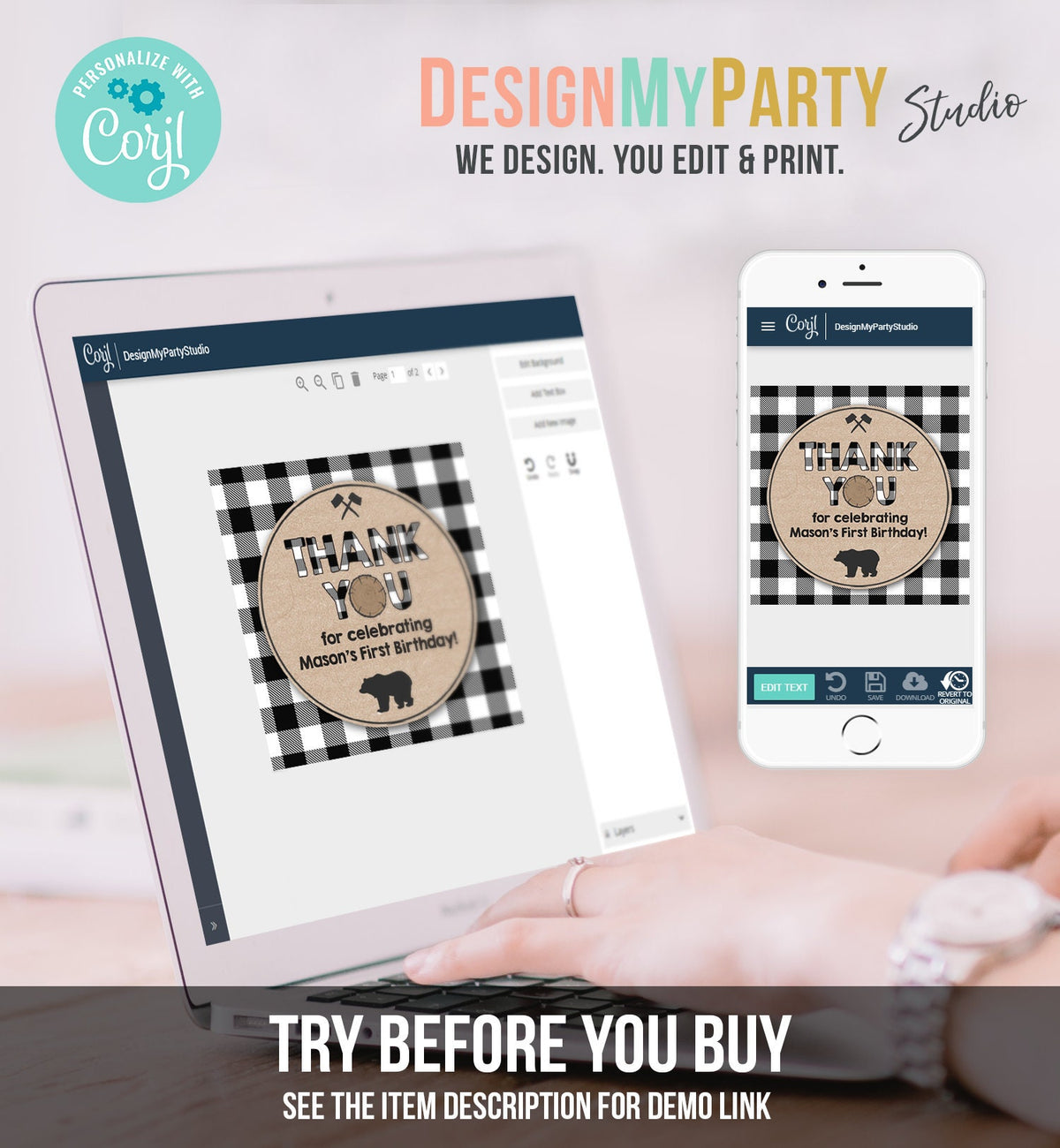 Editable Lumberjack Favor Tags Thank You Lumberjack Birthday Round Square Tag Sticker Label Buffalo Plaid Bear Corjl Template Printable 0026