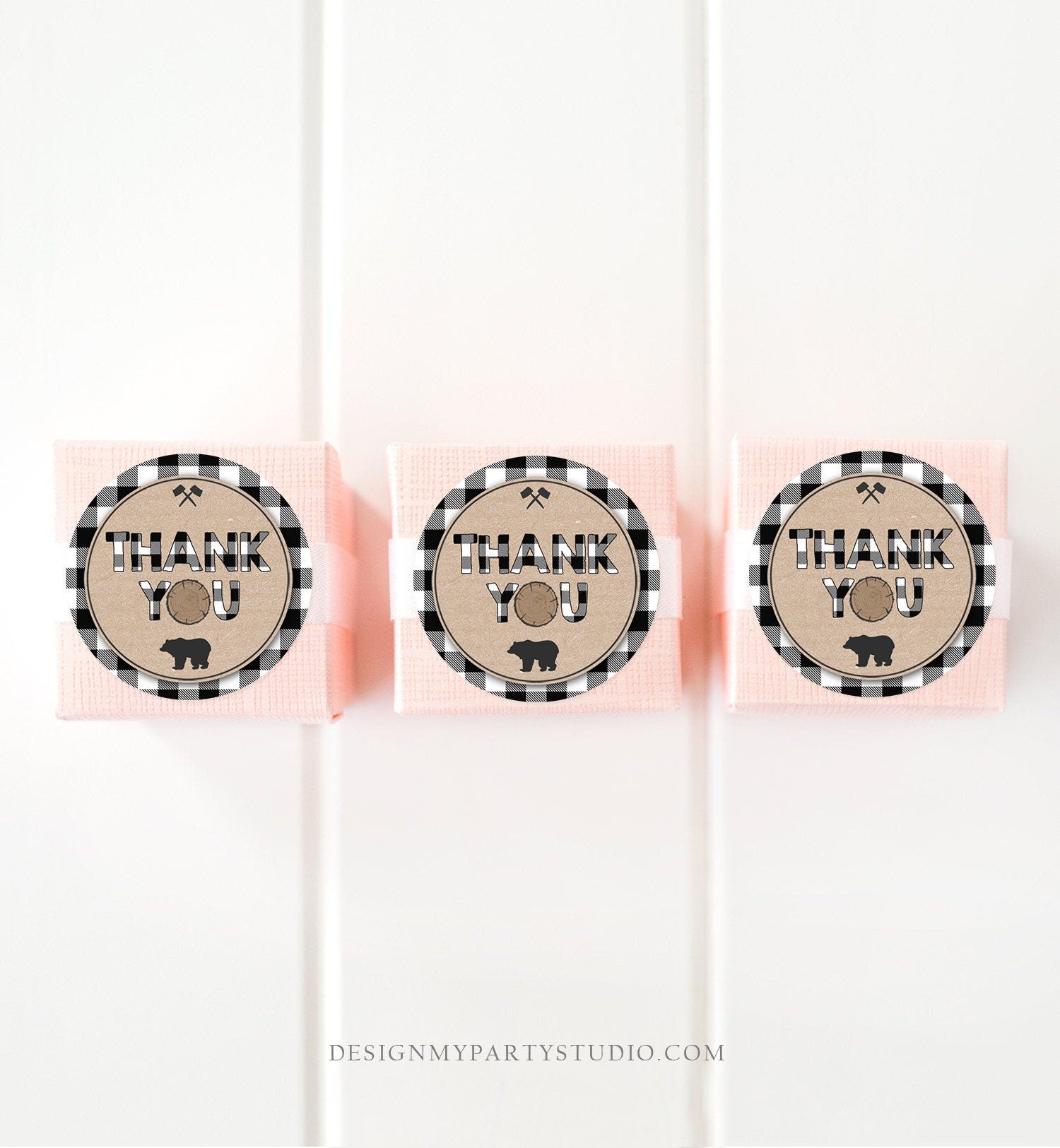 Editable Lumberjack Favor Tags Thank You Lumberjack Birthday Round Square Tag Sticker Label Buffalo Plaid Bear Corjl Template Printable 0026