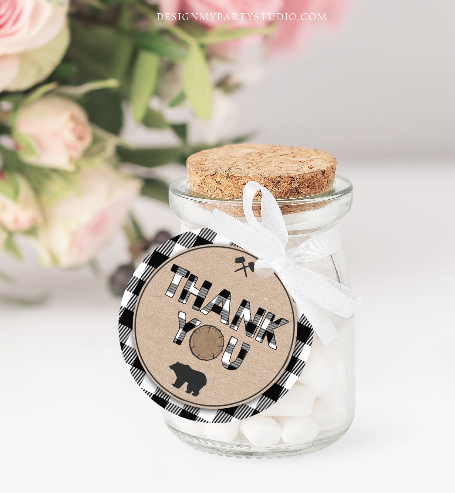 Editable Lumberjack Favor Tags Thank You Lumberjack Birthday Round Square Tag Sticker Label Buffalo Plaid Bear Corjl Template Printable 0026