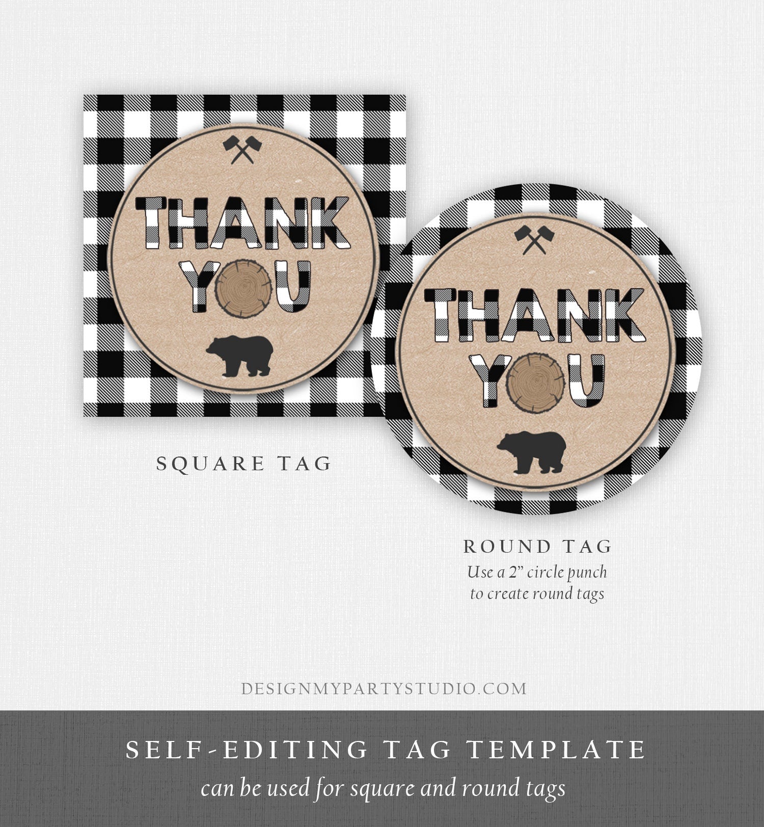 Editable Lumberjack Favor Tags Thank You Lumberjack Birthday Round Square Tag Sticker Label Buffalo Plaid Bear Corjl Template Printable 0026