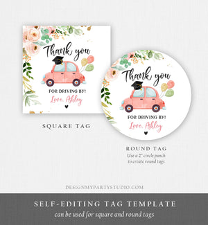 Editable Drive By Favor Tag Thank You Driving By Graduation Pjnk Floral Parade Gift Tags Quarantine Girl Digital Corjl Template 0346