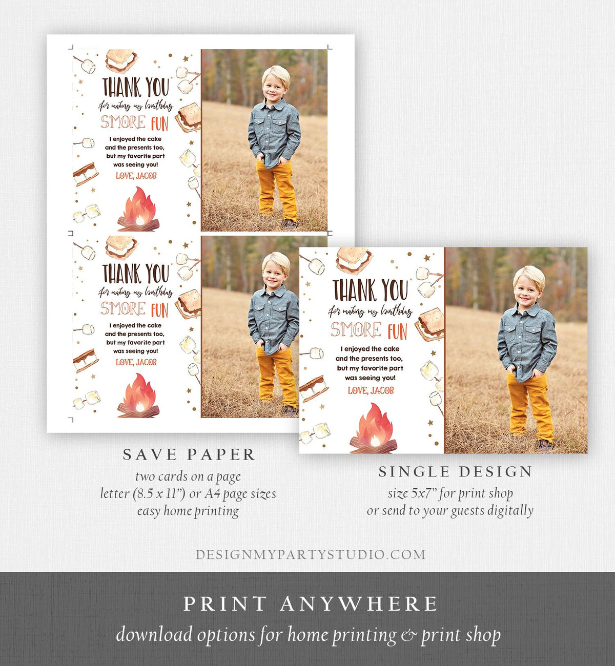 Editable S&#39;more Birthday Thank you Card Smore Fun With You Thank You Rustic Camping Fall Autumn Template Instant Download Corjl 0179