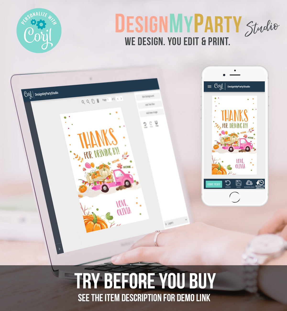 Editable Pumpkin Truck Favor Tag Drive By Birthday Favors Pink Girl Party Parade Fall Thank You Gift Tags Corjl Template Printable 0153