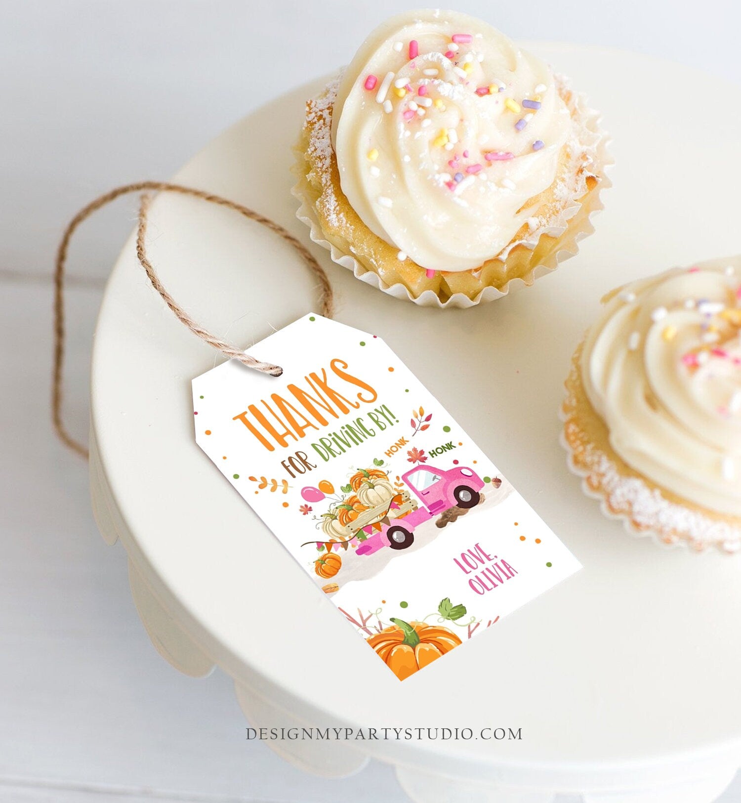Editable Pumpkin Truck Favor Tag Drive By Birthday Favors Pink Girl Party Parade Fall Thank You Gift Tags Corjl Template Printable 0153