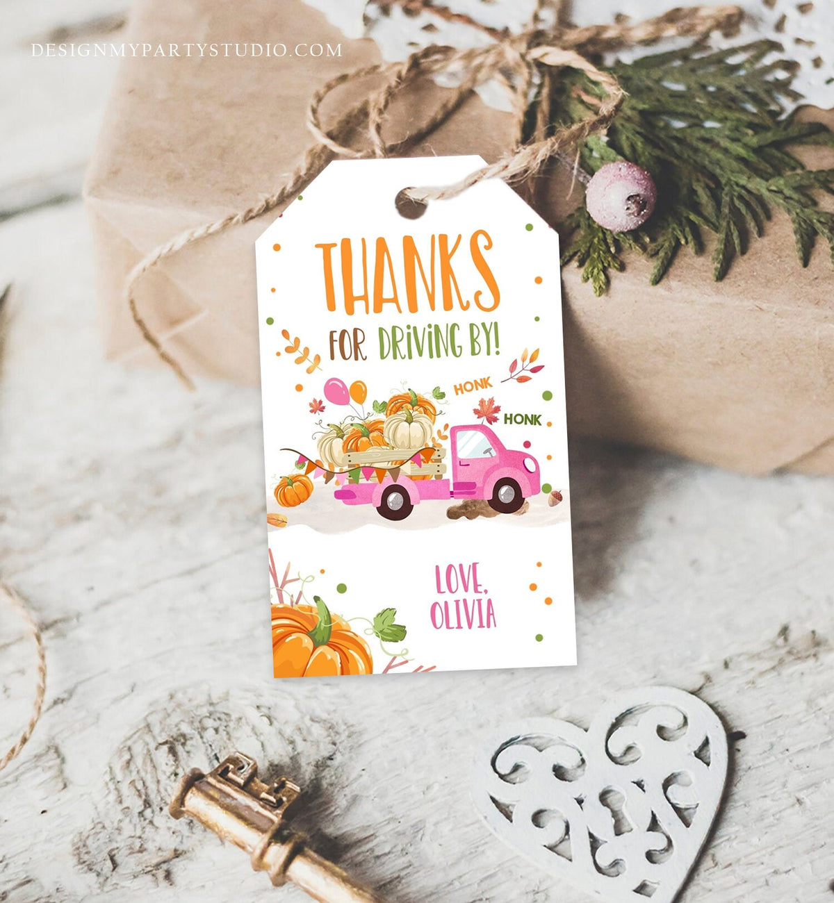 Editable Pumpkin Truck Favor Tag Drive By Birthday Favors Pink Girl Party Parade Fall Thank You Gift Tags Corjl Template Printable 0153