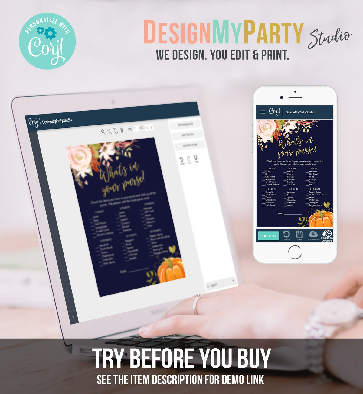 Editable What&#39;s in Your Purse Bridal Shower Game Fall in Love Autumn Pumpkin Floral Coed Wedding Activity Corjl Template Printable 0176