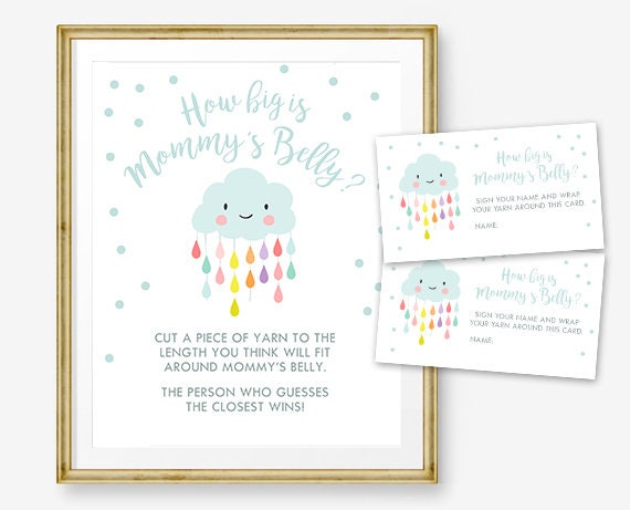 How Big is Mommy&#39;s Belly Baby Shower Game Boy Blue Cloud Baby Shower Sprinkle Raindrops Guess Printable Instant Download DIY Game 0036