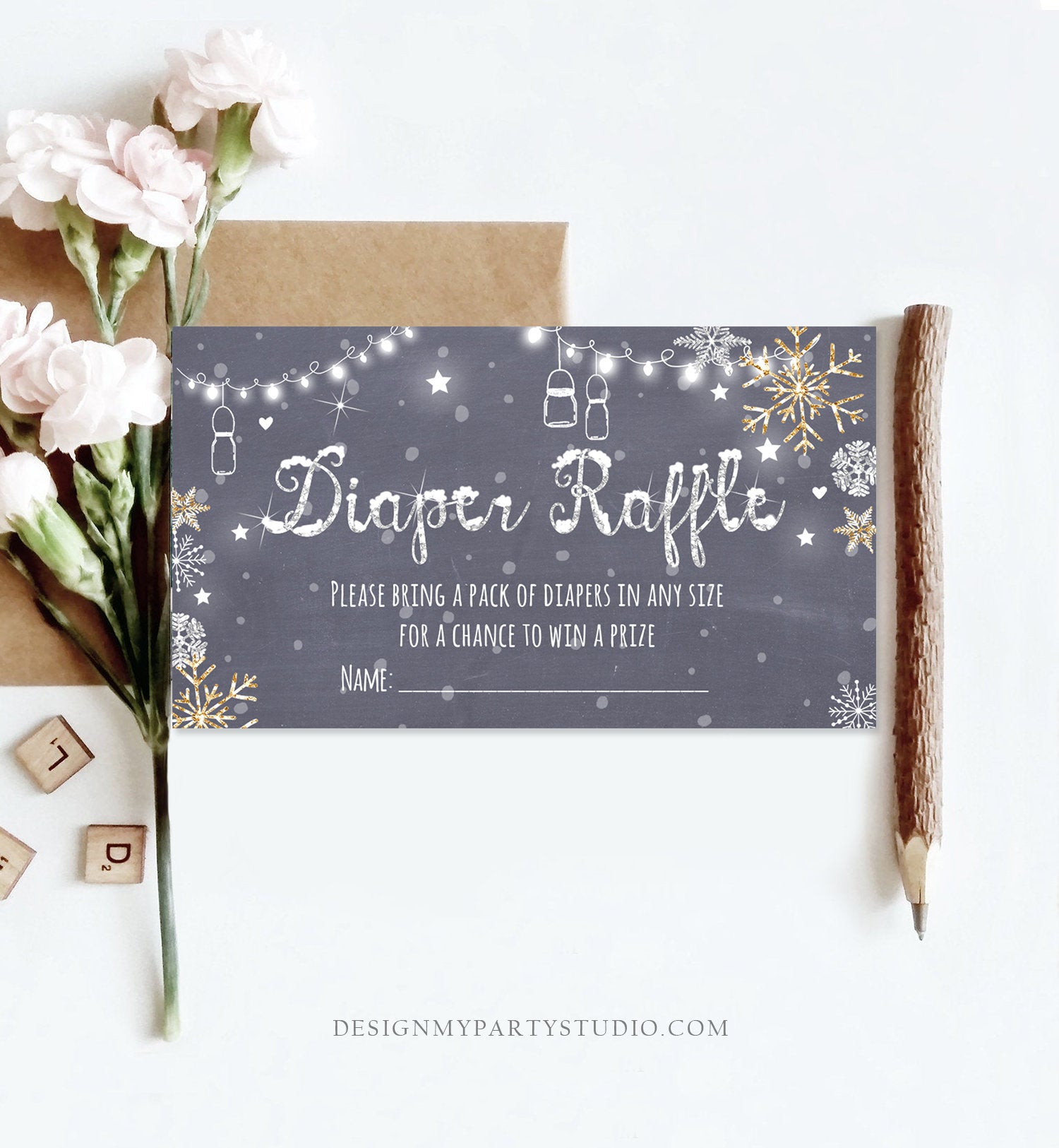 Editable Diaper Raffle Ticket Diaper Game Card Baby It&#39;s Cold Outside Winter Snowflakes Gold Silver Download Template Corjl Printable 0032