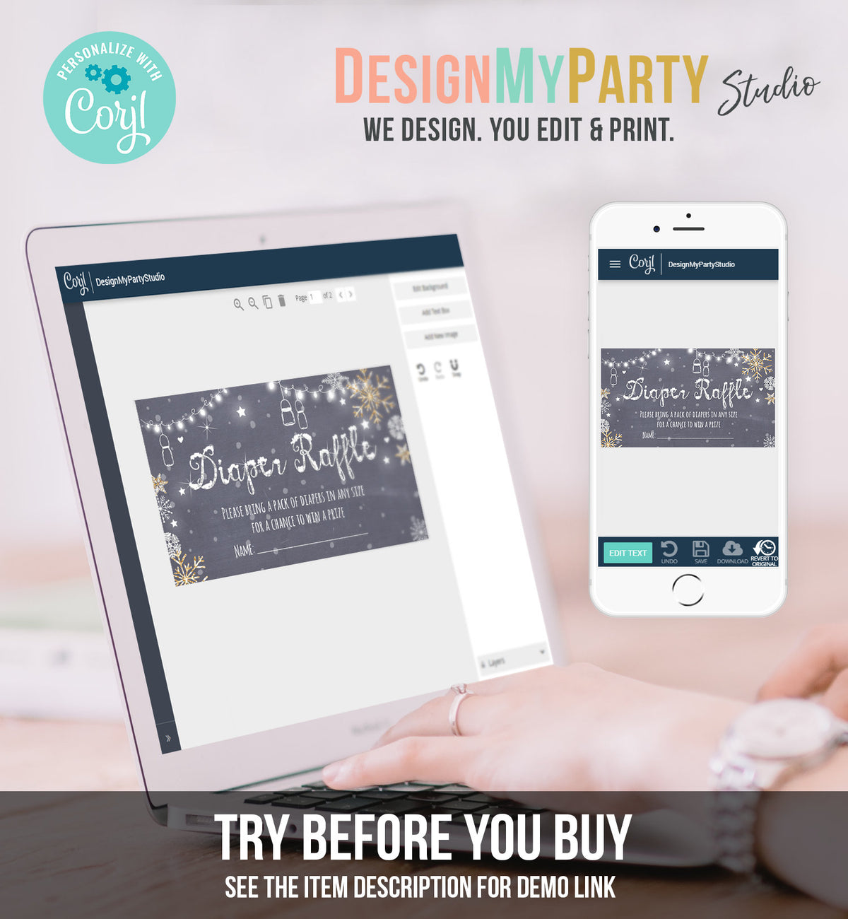 Editable Diaper Raffle Ticket Diaper Game Card Baby It&amp;#39;s Cold Outside Winter Snowflakes Gold Silver Download Template Corjl Printable 0032