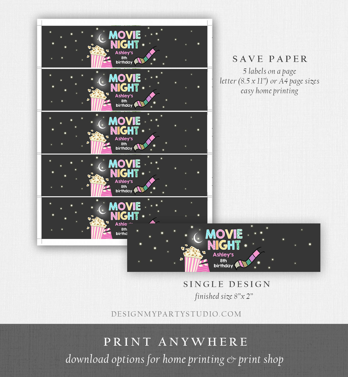 Editable Water Bottle Labels Move Night Girl Birthday Backyard Movie Party Popcorn Pink Slumber Printable Bottle Labels Template Corjl 0042